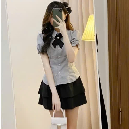 Set áo sơ mi kèm chân váy 2 tầng áo kiểu nữ tay phồng chiết eo tiểu thư A83 SUTANO | BigBuy360 - bigbuy360.vn