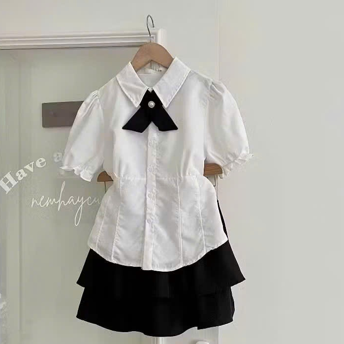 Set áo sơ mi kèm chân váy 2 tầng áo kiểu nữ tay phồng chiết eo tiểu thư A83 SUTANO | BigBuy360 - bigbuy360.vn