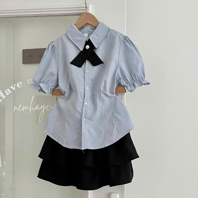Set áo sơ mi kèm chân váy 2 tầng áo kiểu nữ tay phồng chiết eo tiểu thư A83 SUTANO | BigBuy360 - bigbuy360.vn