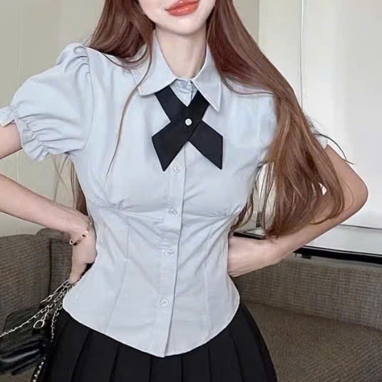 Set áo sơ mi kèm chân váy 2 tầng áo kiểu nữ tay phồng chiết eo tiểu thư A83 SUTANO | BigBuy360 - bigbuy360.vn
