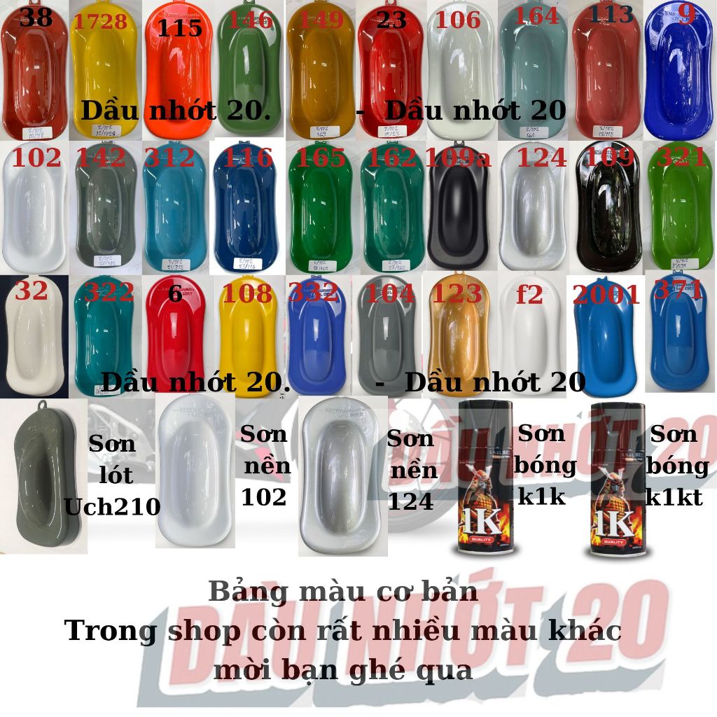 Sơn samurai đủ màu đen bóng, đen nhám, trắng, bạc, xanh, đỏ, vàng, cam, xanh quân đội, hạt dẻ, xám, hồng, tím,...