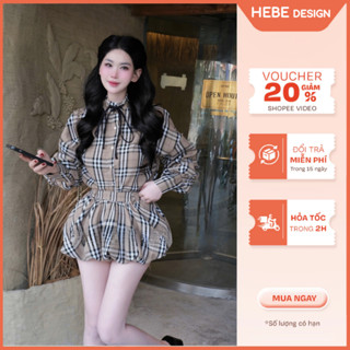 Set váy kẻ Isla dáng ngắn, Set áo sơ mi tay bồng phối chân váy bí kèm đai siêu xinh HeBe Boutique