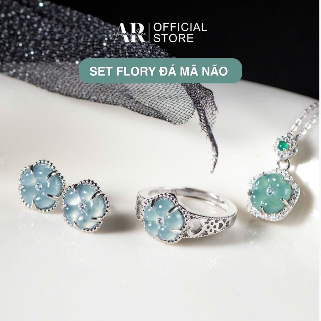 Set quà tặng dây chuyền nhẫn khuyên tai bạc 925, bộ quà tặng đá mã não Flory-AURA SILVER-SET62