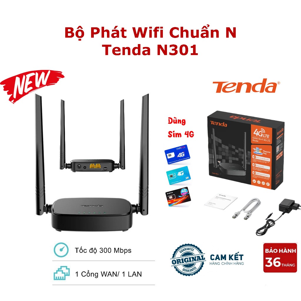 Bộ phát Wifi 4G 300Mbps Tenda 4G05 - Router Wifi dùng sim 4G 2 râu Có cổng LAN, Bảo hành 3 năm
