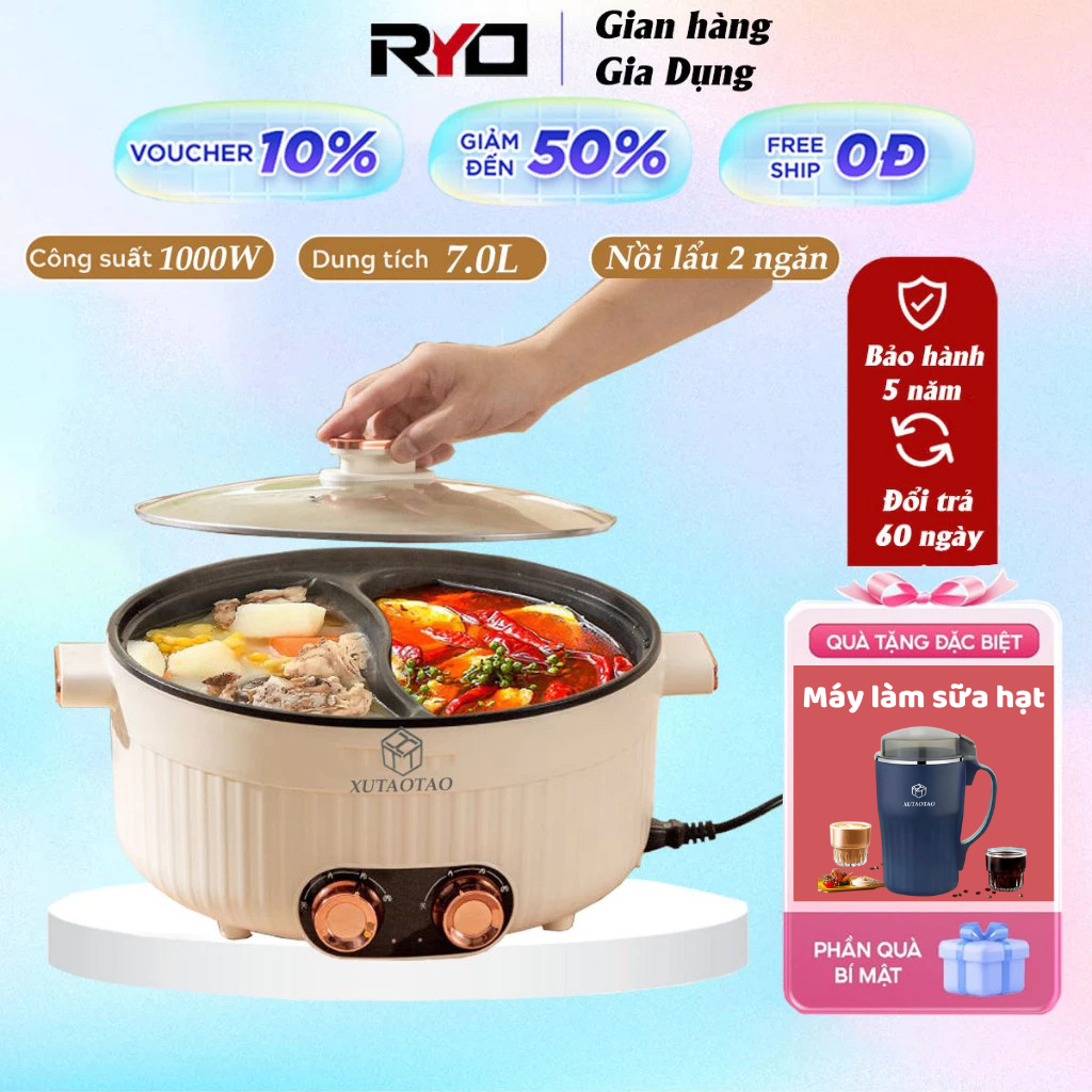 Nồi Điện 2 Ngăn [chống dính] dung tích 7L có thể chiên, xào, nấu, nồi điện 2 ngăn, nồi lẩu đa năng