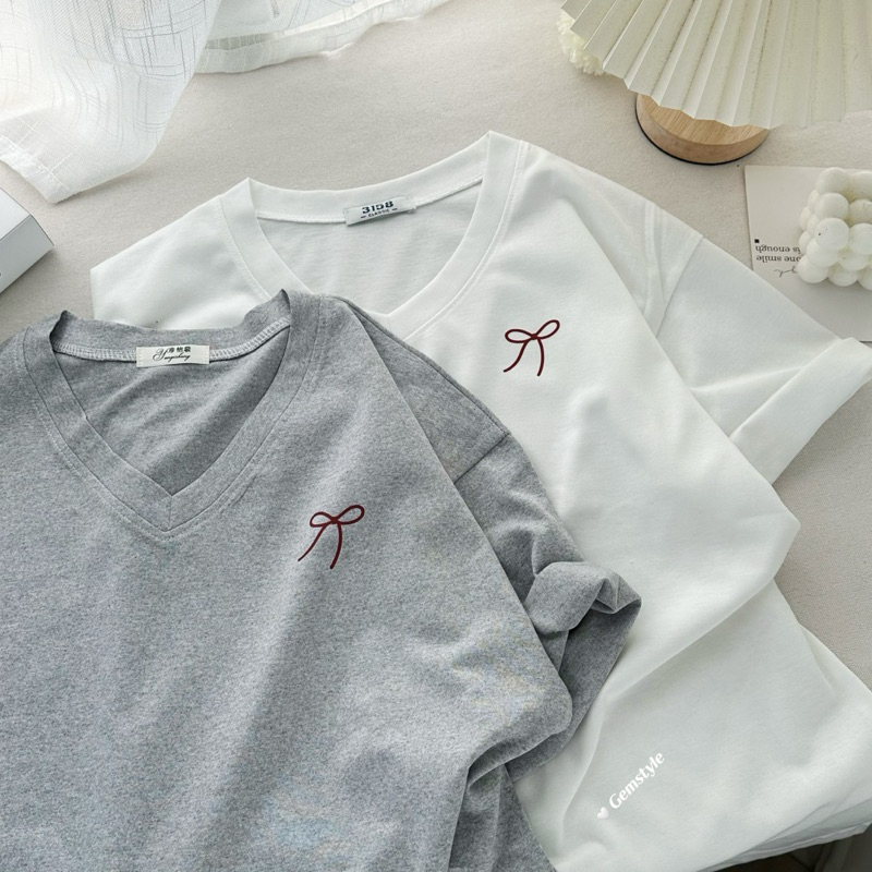 Áo thun 3158 cổ tim tay lỡ -NƠ nhỏ mới form rộng tay lỡ, cotton khô thoáng mát ,dễ mix đồ dưới < 60kg