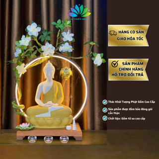 Tượng Phật Decor Trang Trí Phong Thủy, Tượng Thích Ca Chất Liệu Gốm Tử Sa Cao Cấp Kèm Led Hào Quang