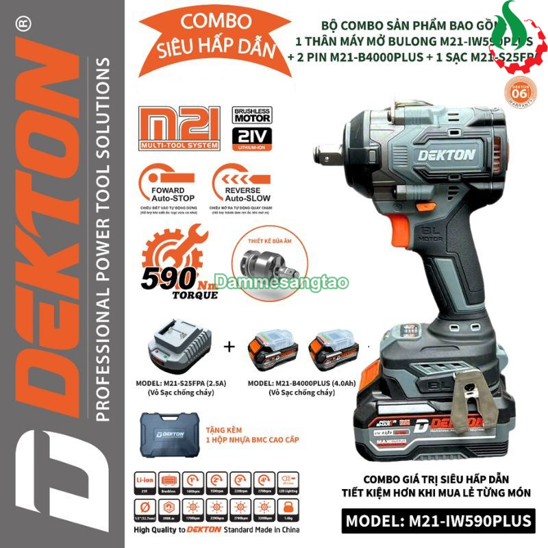 Máy siết bulong pin 21V Dekton M21-IW590Plus 590Nm