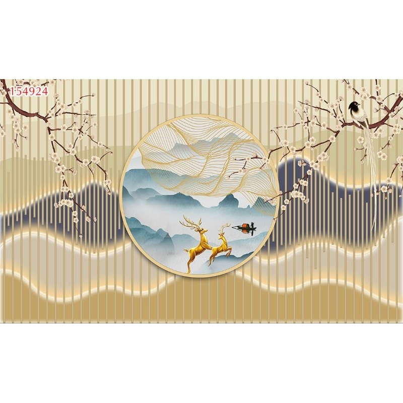Tranh 3D dán tường Lam sóng tân cổ điển in vải lụa Decor Phòng - tranh dán tường