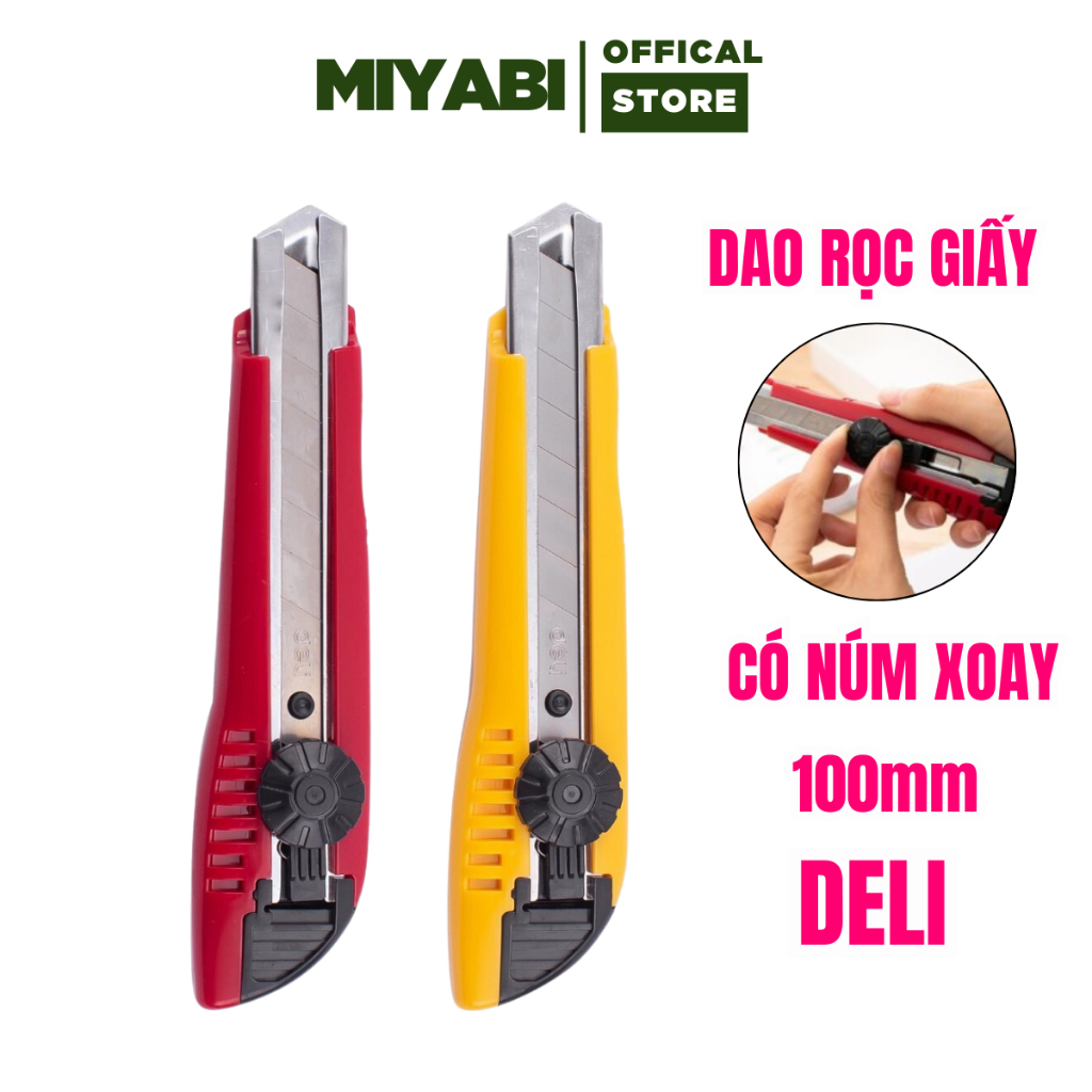 Dao rọc giấy Deli cao cấp Deli E2043 100mm - 3 lưỡi phụ - màu Vàng / Đỏ - dao rọc giấy đại - MIYABI