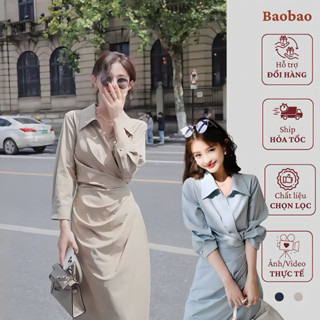Đầm sơ mi dáng dài nhún eo, váy somi dài tay xếp ly eo phong cách trẻ trung, thanh lịch BaoBao-B66