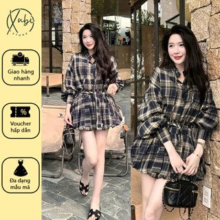 Váy Kẻ Caro Áo Sơ Mi Tay Phồng Mix Chân Váy Bí Dây Đai Nơ Rời Chất Cotton Cao Cấp - Z96
