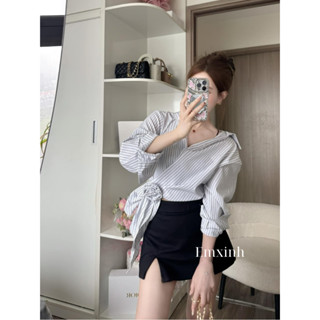 Naisi set▪️Emxinhstudio▪️ SET 2 món| Áo sơ mi kẻ vạt lệch hoa cuốn + Chân váy chữ A xẻ đùi tiểu thư sang chảnh (hàng L1)