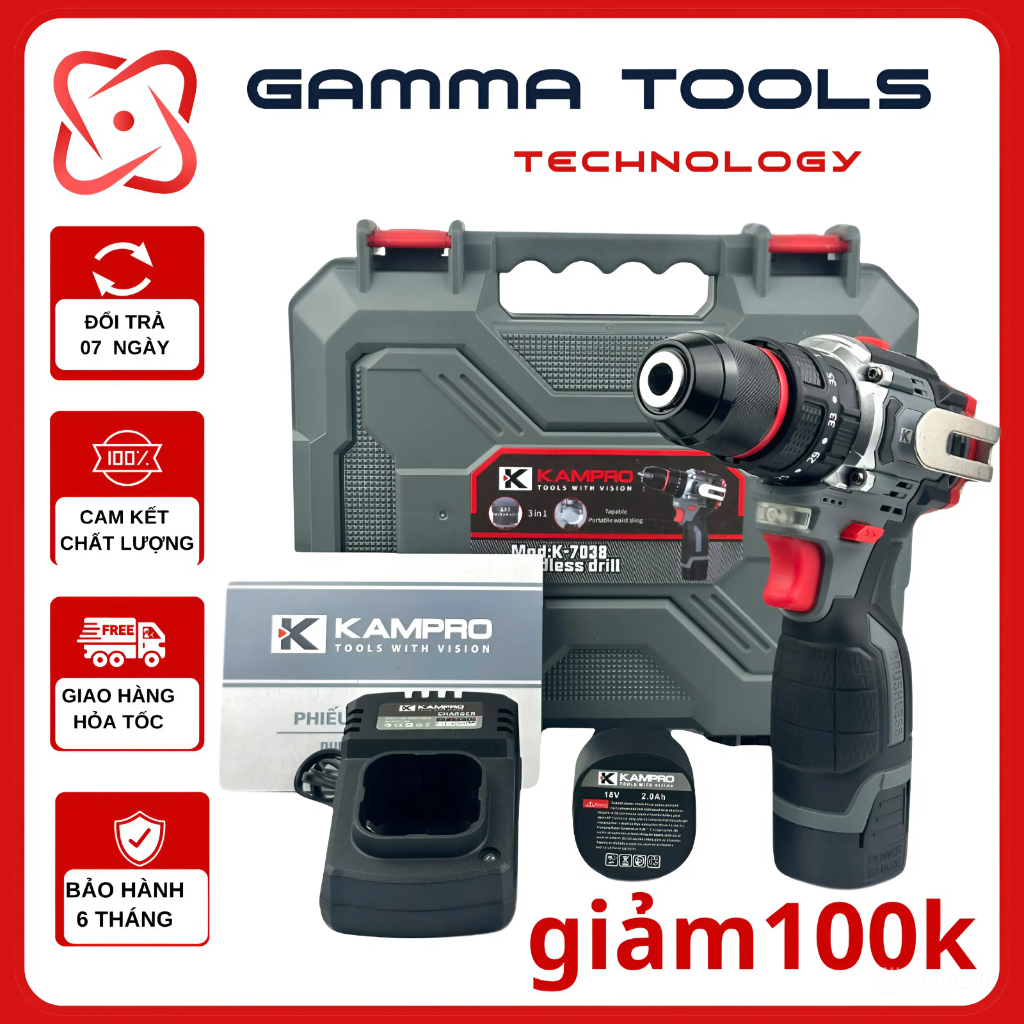 Máy khoan pin Kampro 7038 18v động cơ không chổi than Đầu Kẹp Autolook 10mm