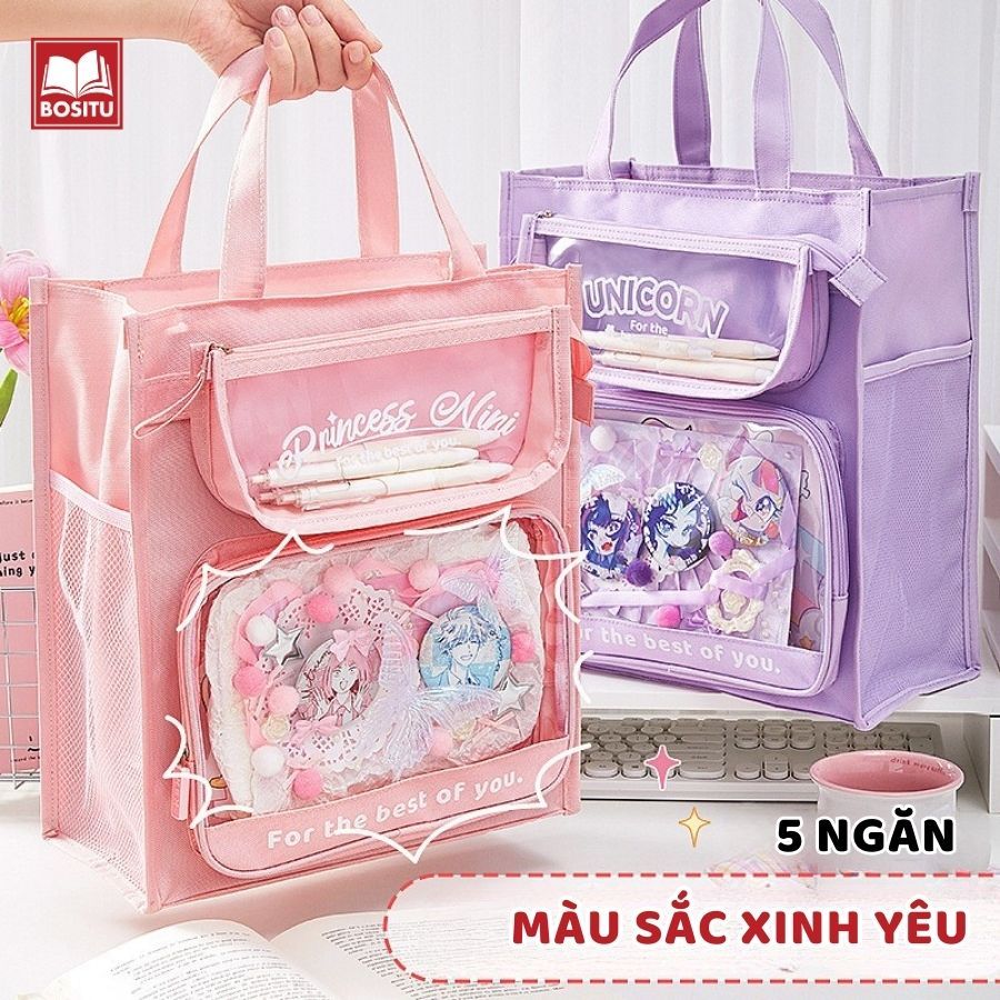 Túi Học Thêm Xách Tay 5 Ngăn Vải Oxford Cho Bé, Cặp Xách, Túi Tote Đựng Đồ Dùng Học Tập Xinh Xắn, Tiện Lợi