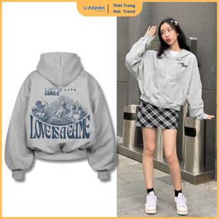 Áo hoodie zip nỉ lông cáo 420GSM form boxy in hình LET'S GAMBLE tay phồng nón rộng dây kéo 2 đầu - Vanh Shop