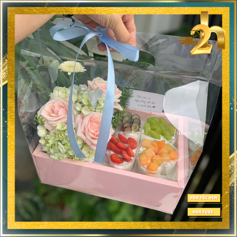 Set hộp quà tặng bánh trái cây ít ngọt và Hoa tươi sinh nhật giao hỏa tốc HCM Flowers to go