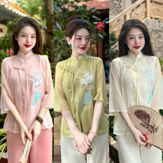   FREESHIP  Set Pháp Phục Tơ 2 Lớp Thêu Hạc Cổ Trụ Nút Tết Set Lam Thêu Hạc Đi Chùa - Hình Chính Chủ 