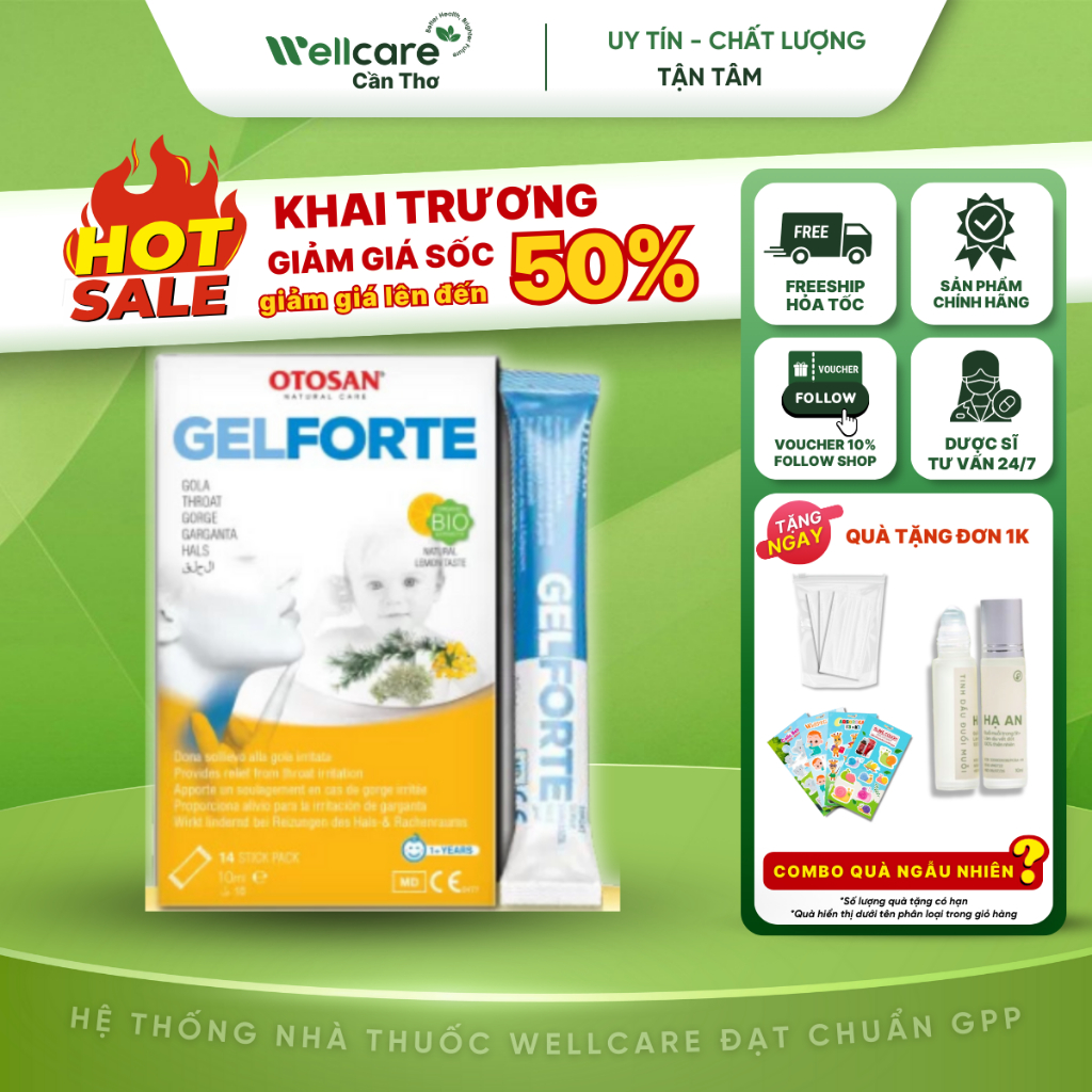 [⭐OTOSAN] Otosan Throat Gel Forte - Hộp14 gói ngậm giảm đau rát họng, ho, khó nuốt, khàn tiếng