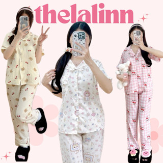 [ ẢNH THẬT ] Set pijama cổ bẻ tay cộc quần dài hoạ tiết xinh . Bộ ngủ nữ pyjama hoạt hình dễ thươngi