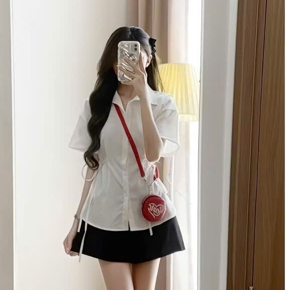 Set áo sơ mi đũi phối dây buộc hai bên eo kèm quần short cạp chun A87 SUTANO | BigBuy360 - bigbuy360.vn