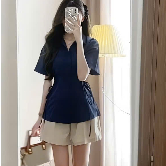 Set áo sơ mi đũi phối dây buộc hai bên eo kèm quần short cạp chun A87 SUTANO | BigBuy360 - bigbuy360.vn