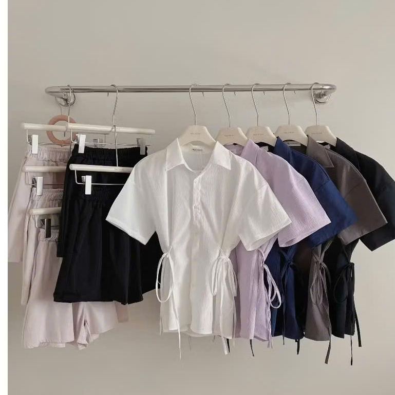 Set áo sơ mi đũi phối dây buộc hai bên eo kèm quần short cạp chun A87 SUTANO | BigBuy360 - bigbuy360.vn