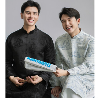 Áo dài cách tân nam 2025 , Áo dài nam mặc tết thiết kế chất liệu gấm họa tiết cao cấp form đứng phong cách có cầu vai