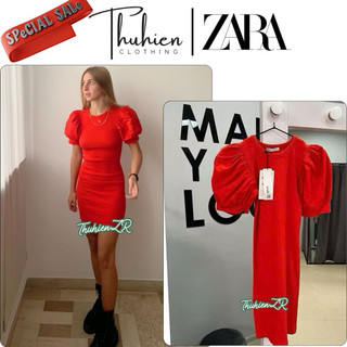 (Chính hãng size S)Váy mini ZARA 0264/816/601 cotton body tay cộc phồng lớn màu đỏ(kèm ảnh thật)