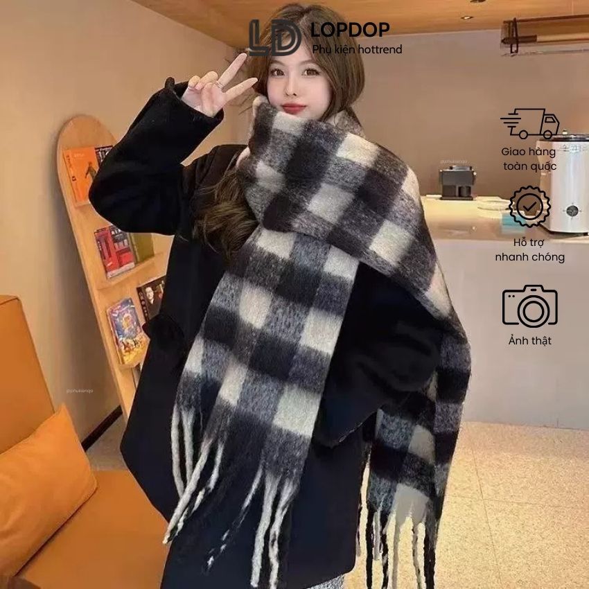 Khăn quàng cổ len mùa đông ấm áp mềm mịn kẻ sọc cho nam nữ Vintage K62 LOPDOP