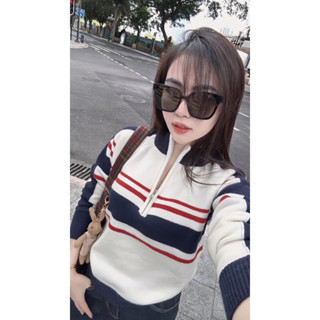    Ảnh Thật  ÁO LEN NỮ Áo len trắng kẻ xanh phong cách retro hiện đại kiểu dáng trẻ trung thời trang Hàn Quốc SIÊU XINH 