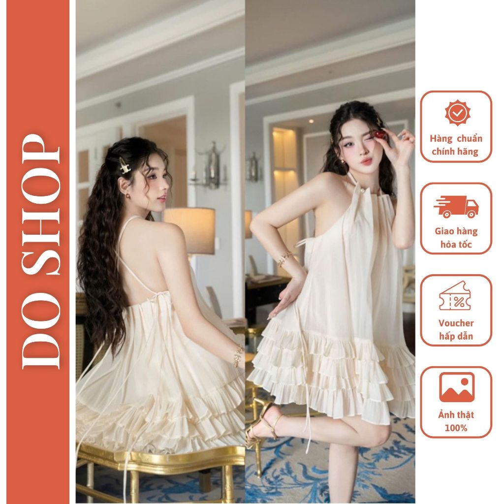  Đầm suông cổ yếm xếp ly đính ngọc sang chảnh mặc M2- Váy babydoll cổ yếm bèo tầng 