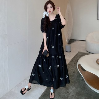 Đầm suông đuôi cá maxi váy suông dáng dài from rộng họa tiết hoa lá tay bồng thời trang