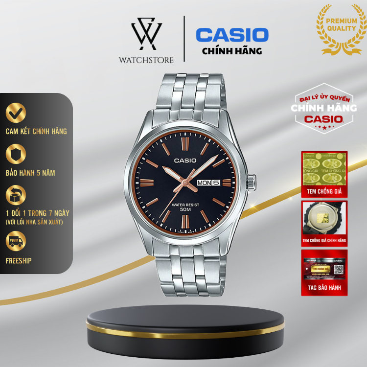 Đồng Hồ Nam Casio MTP-1335D-1A2VDF Màu Đen Kim Vàng Kính Khoáng 38mm Chống Nước Dây Kim Loại Chính H