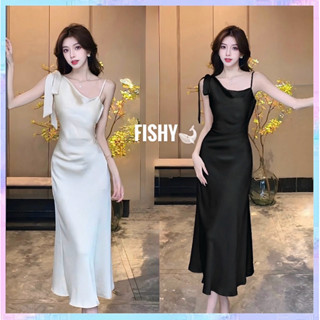 (THIẾT KẾ SỐ ĐO) Đầm Hai Dây Trễ Vai Thắt Nơ Dáng Dài Suông Chất Lụa Đi Tiệc Dành Cho Nữ Phong Cách Đơn Giản DB. FISHY