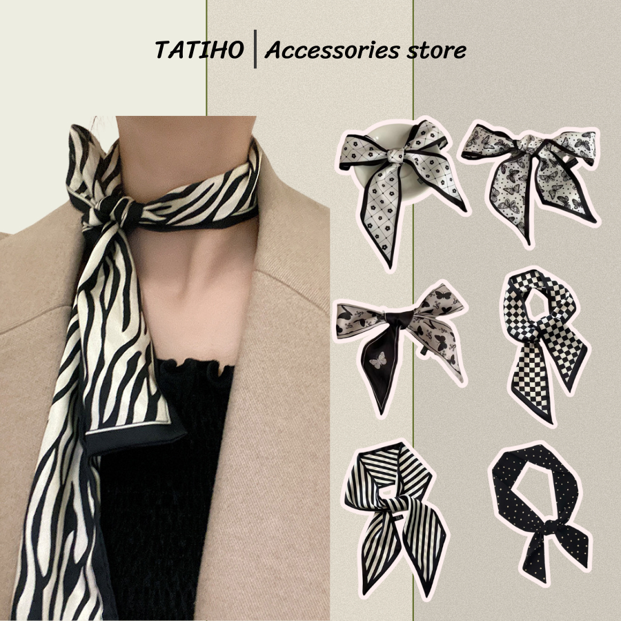 Khăn Turban Buộc Tóc Unisex, Khăn Quấn Túi Xách Đa Năng Tone Màu Đen Be Chất Lụa Chiffon Thanh Lịch Thời Trang - Mã TD00