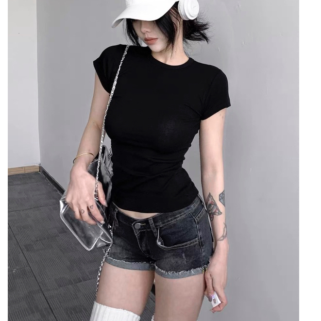 ÁO THUN NỮ ÔM BODY CỔ TRÒN COTTON MỊN CỘC TAY THẮT EO TÔN DÁNG QUYẾN RŨ MÁT MẺ MÙA HÈ NỮ m666 | BigBuy360 - bigbuy360.vn