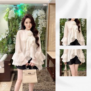 Set Áo Tơ Óng Hàn Tay Loe Nhiều Tầng Đính Hoa Nổi Phối Quần Short Ngắn Dáng Suông Chất Tafta Đứng Form S833 Medechill