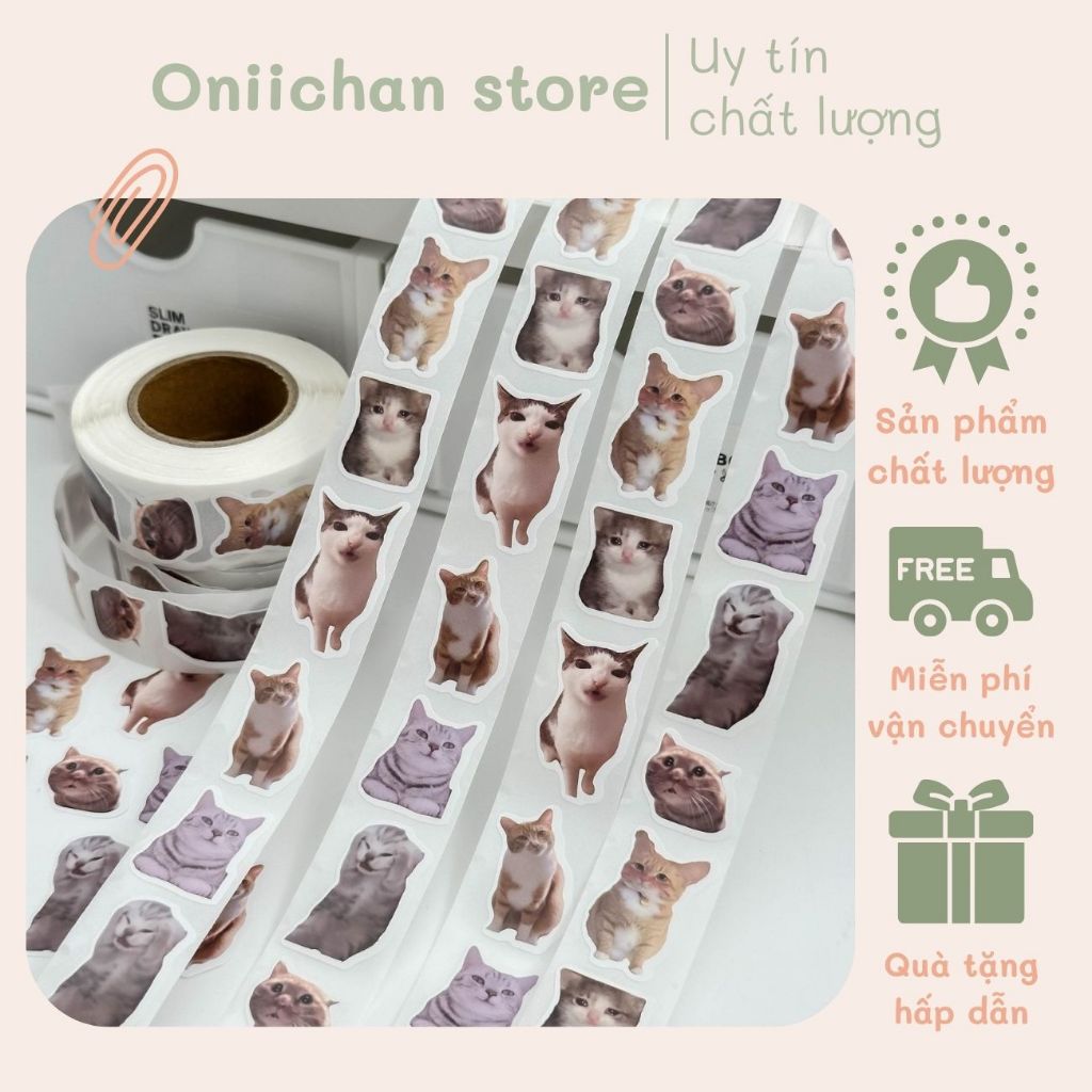 Cuộn tem dán sticker meme mèo vui nhộn hài hước cute meme mèo hình dán trang trí tem niêm phong