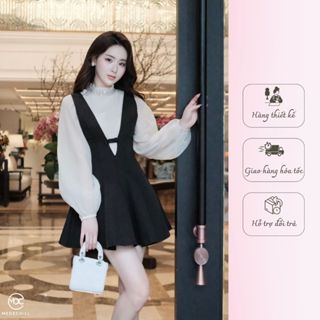 Set Áo Tơ Xốp Tay Bồng Tiểu Thư Phối Đá Cổ Kèm Yếm Váy Chất Chéo Rubi Ôm Eo Dáng Xếp Ly Xòe Đính Nơ Ngực S831 Medechill