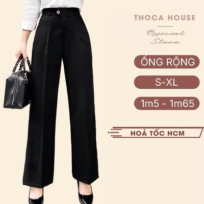 Quần tây công sở ống rộng dáng suông lưng cao khuy cài THOCA HOUSE dễ phối tôn dáng và chân dài