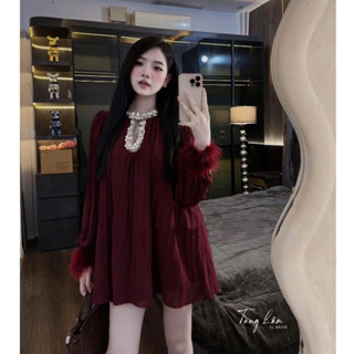 Đầm dự tiệc, váy đi dự tiệc dáng ngắn voan dập ly cổ tròn đính đá tay dài đính lông form suông xòe ngắn thiết kế LE Rose