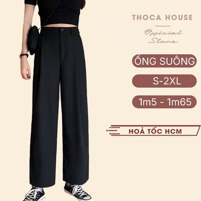 Quần tây nữ lưng cao ống đứng dáng suông trơn đen THOCA HOUSE basic công sở, đi học