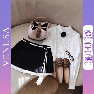 Set đồ nữ BIGSIZE sơ mi trắng viền bèo đính hoa xanh than mix chân váy chữ A xanh than viền trắng dây eo Venusa Store