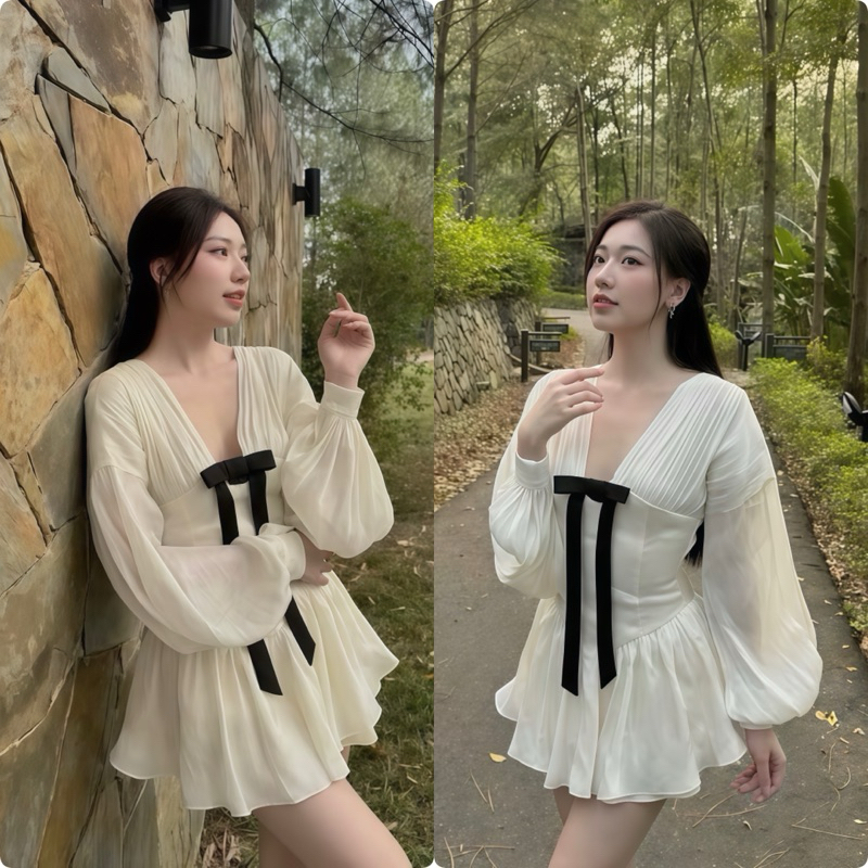 Váy Nữ Tơ Mềm Cổ V Nơ Đen Dáng Xoè Tay Phồng Có Quần Trong - Almira Store, Size S/M