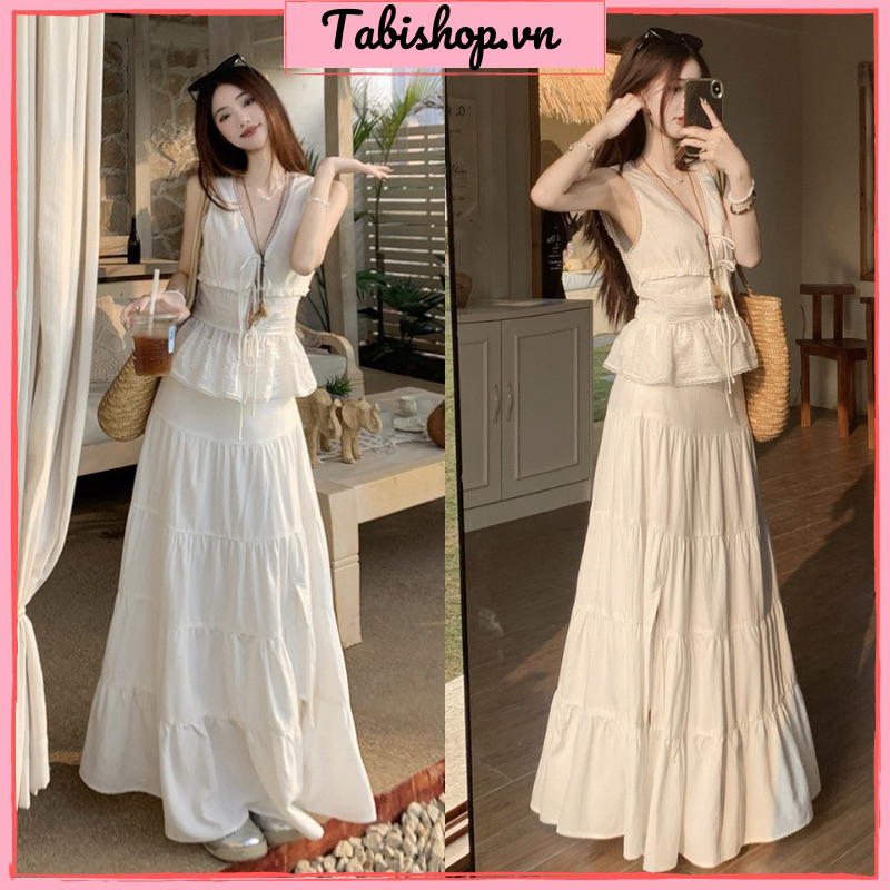 Set áo kiểu sát nách thắt nơ ngực phối chân váy dài xẻ tà màu trắng TABISHOP Set đồ nữ dễ thương mặc đi biển đi chơi(71) | BigBuy360 - bigbuy360.vn