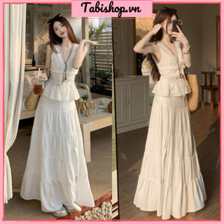 Set áo kiểu sát nách thắt nơ ngực phối chân váy dài xẻ tà màu trắng TABISHOP Set đồ nữ dễ thương mặc đi biển đi chơi(71)