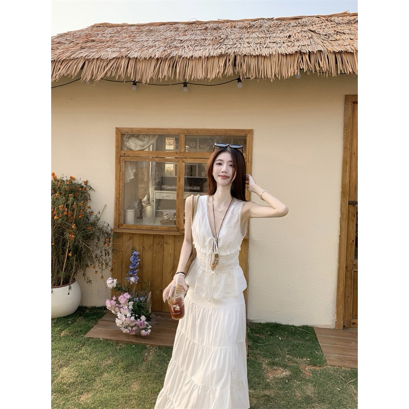 Set áo kiểu sát nách thắt nơ ngực phối chân váy dài xẻ tà màu trắng TABISHOP Set đồ nữ dễ thương mặc đi biển đi chơi(71) | BigBuy360 - bigbuy360.vn