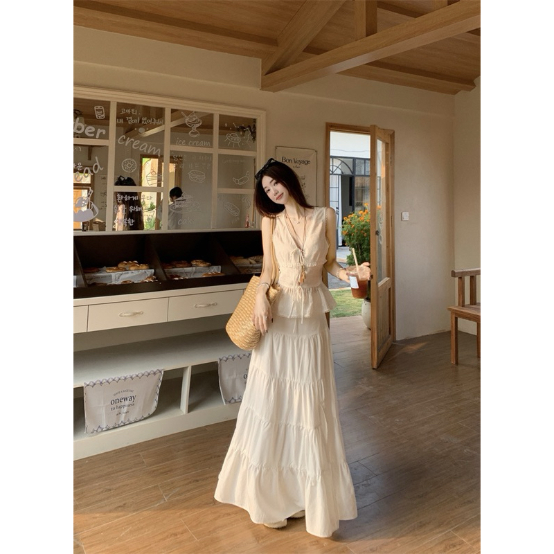 Set áo kiểu sát nách thắt nơ ngực phối chân váy dài xẻ tà màu trắng TABISHOP Set đồ nữ dễ thương mặc đi biển đi chơi(71) | BigBuy360 - bigbuy360.vn