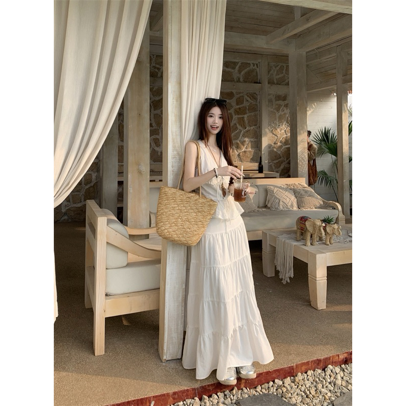 Set áo kiểu sát nách thắt nơ ngực phối chân váy dài xẻ tà màu trắng TABISHOP Set đồ nữ dễ thương mặc đi biển đi chơi(71) | BigBuy360 - bigbuy360.vn